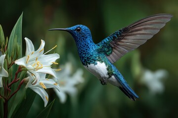 Fototapeta premium Whitenecked Jacobin Hummingbird hovering near vibrant flower blooms in a lush garden setting under bright sunlight