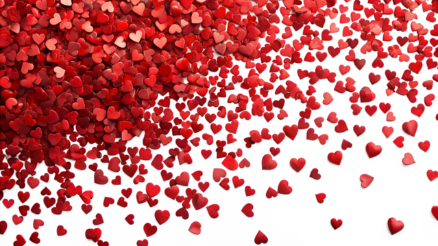 A lot of small red heart shapes scattered on transparent background as a symbol of love and valentines day