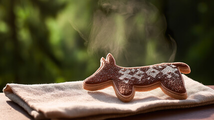 Obraz premium A handcrafted animal-shaped cookie with intricate icing, paired with herbal tea for a cozy World Animal Day moment.