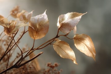 Golden pastel leaves glistening softly in serene natural light during the afternoon, creating a tranquil atmosphere in an artistic setting