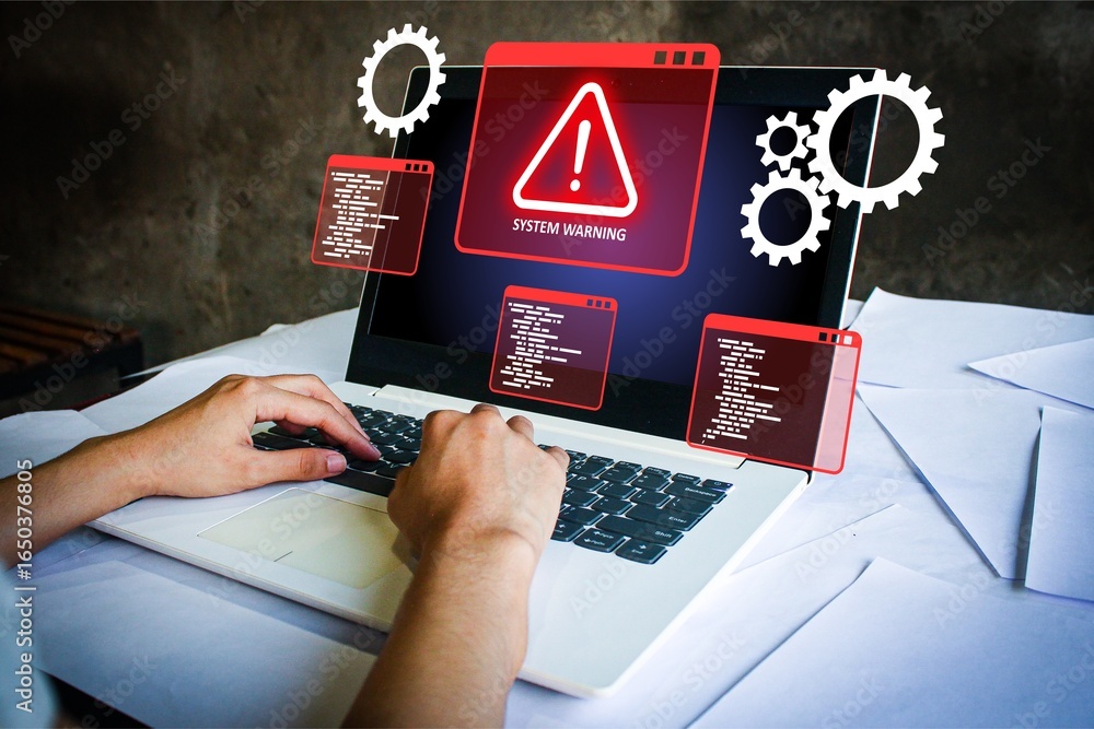 Poster system warning alert for error detection, virus attack, and system failure notification. ideal for c