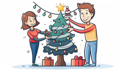 A cute cartoon Style ofA young family decorating a Christmas tree together