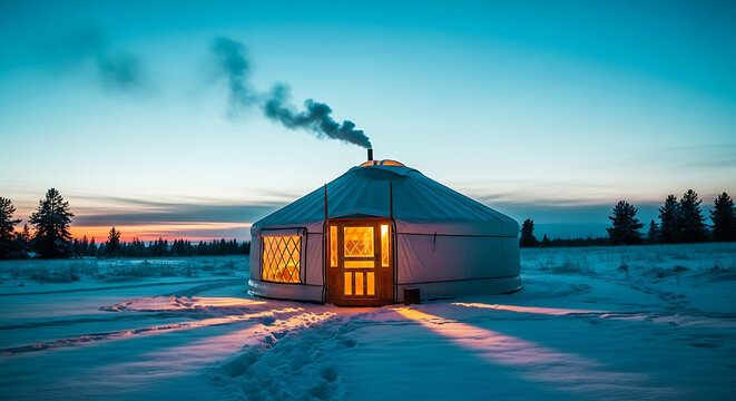 Cozy illuminated yurt in a snowy landscape at dusk with smoke rising from the chimney
