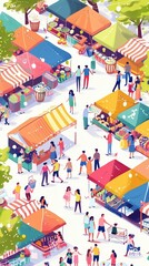 A cute cartoon Style ofAerial view of a bustling market with colorful stalls