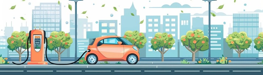 A cute cartoon Style ofAn electric vehicle charging station powered by solar panels