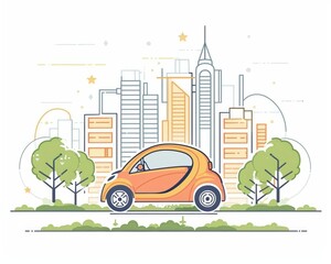 A cute cartoon Style ofAn electric car driving through a modern, eco-friendly city