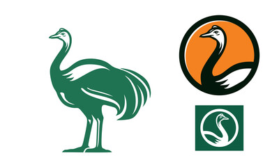 GREAT GREEN ELEGANT OSTRICH STANDING LOGO, silhouette of strong big chicken vector illustrations