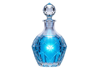 Elegant blue glass decanter with intricate cut details.