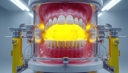 3D model of a mouth with glowing object inside,  held within a sterile, technological apparatus