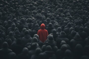 Obraz premium Person in red coat stands out in a dark crowd, creating a striking contrast during a bustling event at an urban location in the evening