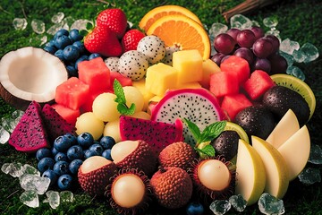Fresh tropical fruit assortment with vibrant colors on ice