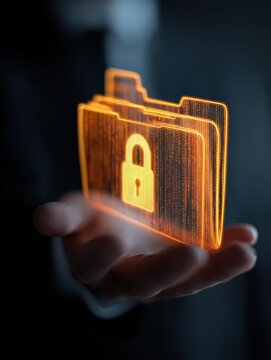 data security concept with hand holding glowing folders with padlock icons