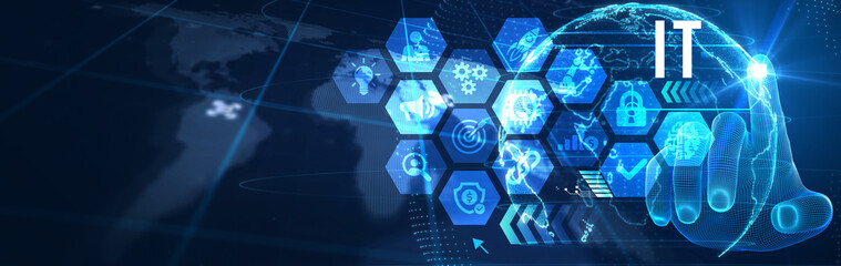 IT consultant presenting tag cloud about information technology. 3d illustration