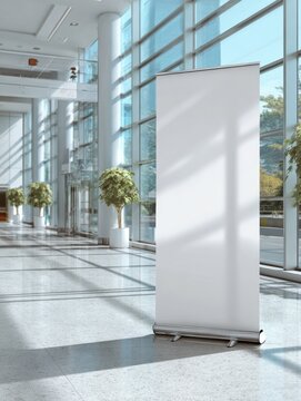 blank white rollup banner mockup in a modern bright office building hallway empty pullup stand for corporate advertising or display
