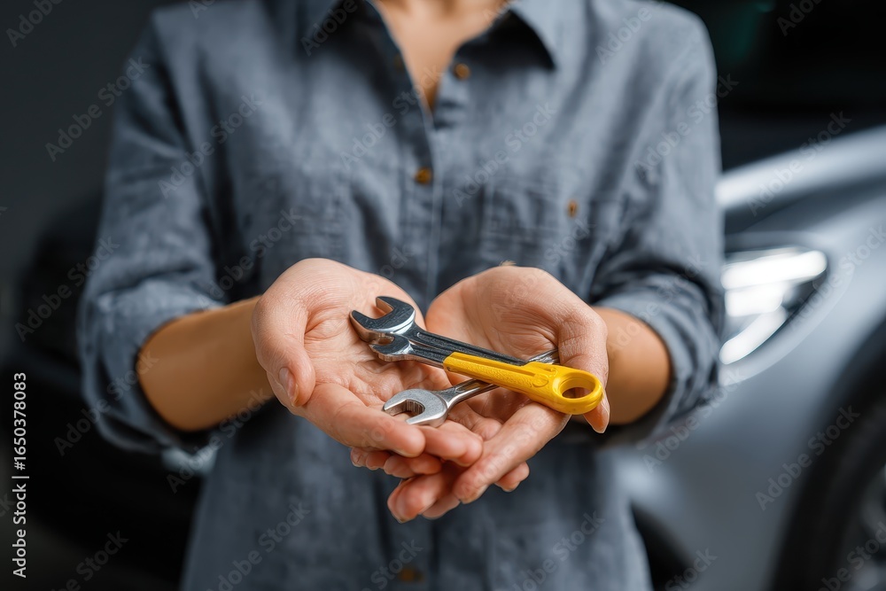 Aufkleber mechanic demonstrates skill with tools while preparing to service a car in a workshop environment