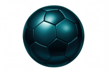 Teal soccer ball with metallic sheen, precisely rendered in 3d, floating against transparent backdrop, ideal for athletic graphic design
