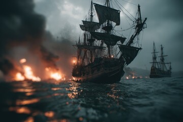 Obraz premium Pirate ship with black sails navigates through tumultuous waters approaching an ominous storm full of dark clouds and fierce winds