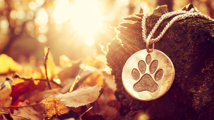 A vibrant paw print pendant on a rustic table, honoring World Animal Day with warmth and nature.