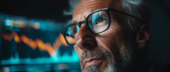 Focused mature man analyzing stock market data on a digital screen at night - Powered by Adobe