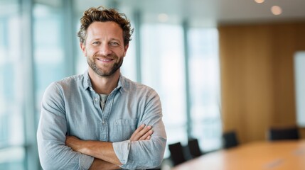 Obraz premium portrait of cheerful businessman with arms folded standing in conference room happy young business man in shirt looking at camera portrait of a smiling businessman in modern office with copy space no
