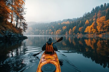 Man enjoying a kayaking adventure in a tranquil autumn landscape surrounded by colorful foliage and calm waters