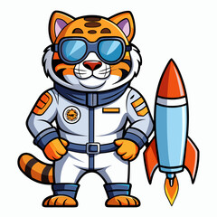 Illustration of a tiger mascot wearing an astronaut uniform with a rocket beside it.