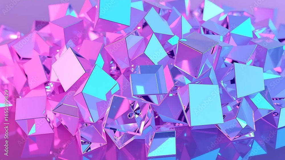 Aufkleber abstract 3 d render pink and blue geometric shapes cubes and pyramids reflective surface 3d render a