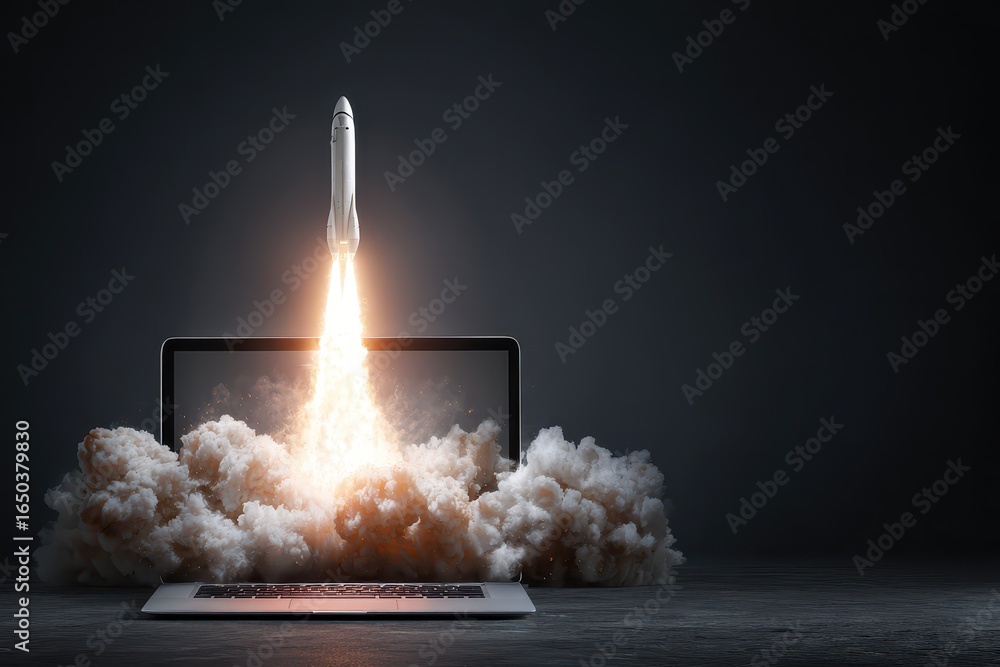 Poster launching a space rocket from a laptop screen creates an impressive digital display of innovation an