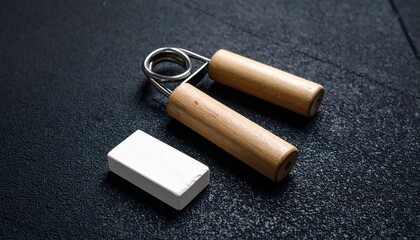 Fitness and strength training concept with a wooden handle hand gripper and chalk for enhanced grip.