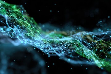 Network lines in blue and green create a futuristic digital landscape showcasing interconnectedness and technology in motion