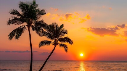 Scenic tropical beach sunset with two palm trees silhouetted against vibrant orange sky and sun reflecting on calm ocean water