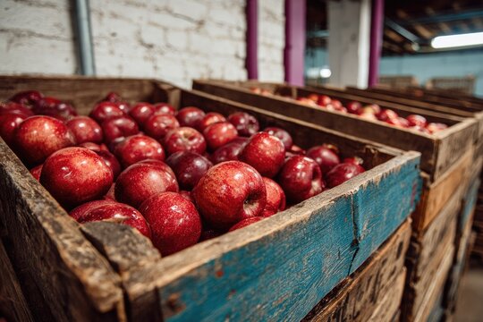 Wooden crates overflowing with vibrant red apples