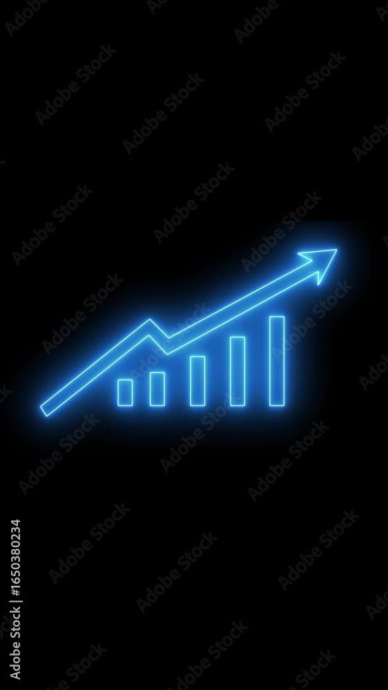 Poster neon finance bar graph rising trend animation vertical video. glowing blue neon financial growth cha
