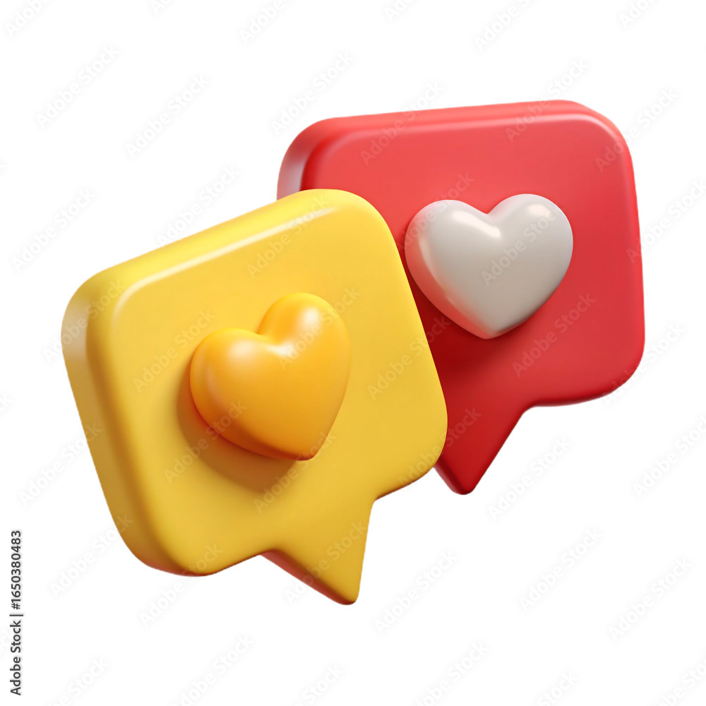 Poster two 3d social media like and message bubbles with hearts isolated on transparent background
