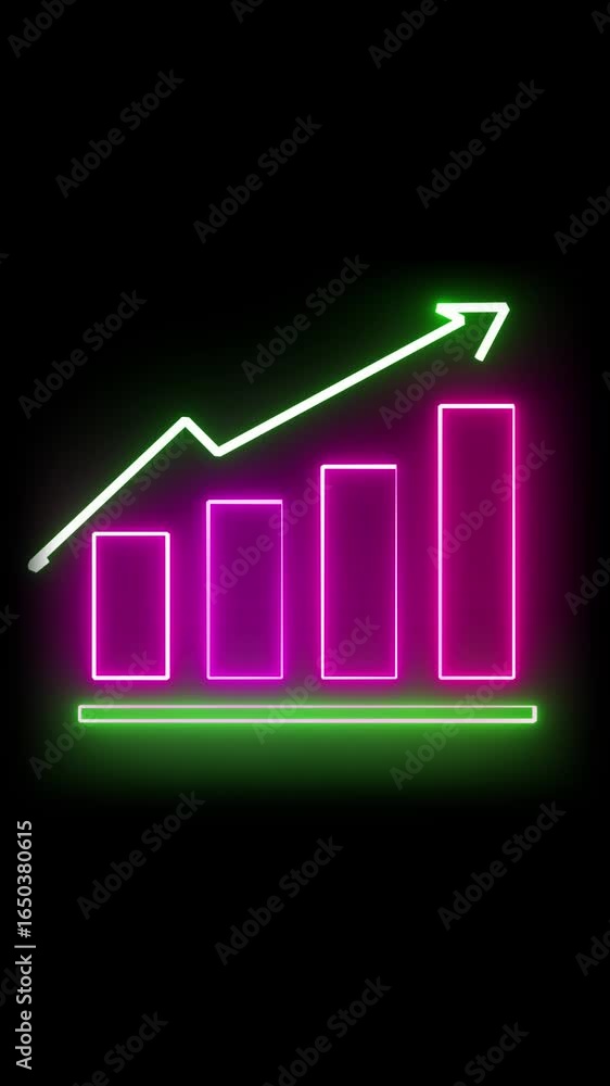 Poster financial data bar chart glowing neon animation. animated neon bar graph rising on black background 