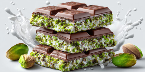 three dubai chocolate bars with pistachio and matcha, covered in melting dark chocolate, splashing in milk cream, creating a dynamic and delicious visual