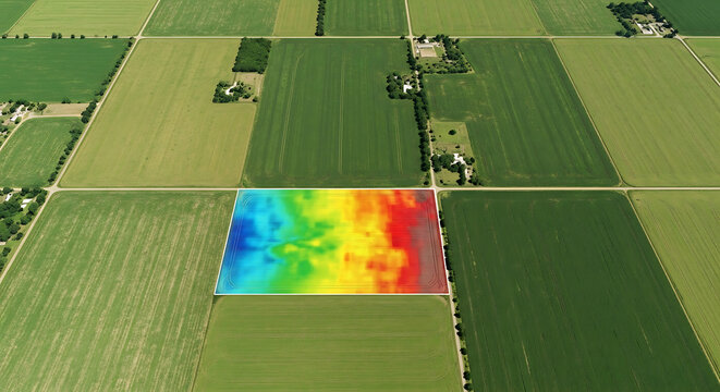 Smart farming concept with drone technology analyzing a crop field using a colorful data visualization for precision agriculture. - Powered by Adobe