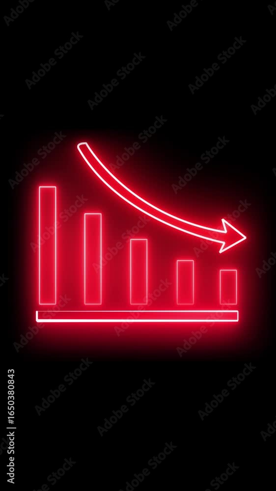 Poster glowing crypto growth graph animation in neon style vertical video. neon red downward trend bar grap