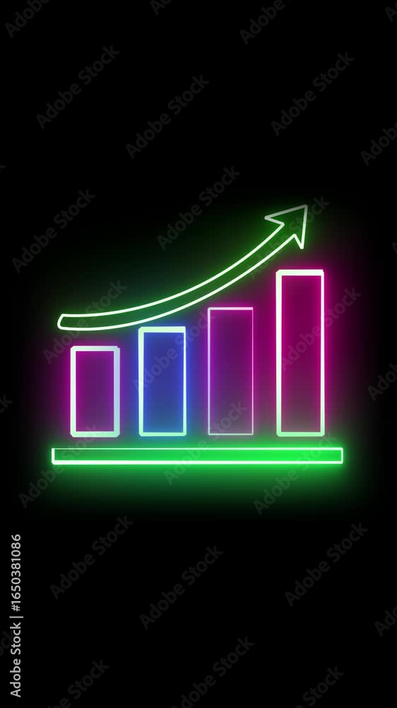 Poster rising stock data graph with animated neon effect vertical video. glowing neon graphic illustrating 