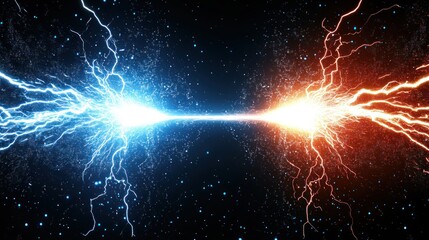 Abstract cosmic energy clash with vibrant blue and orange lightning effects