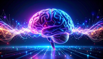 Luminous brain with synaptic energy waves representing artificial intelligence and consciousness