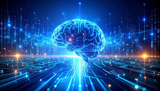 Futuristic artificial intelligence concept with a glowing brain integrated into a digital data stream network.
