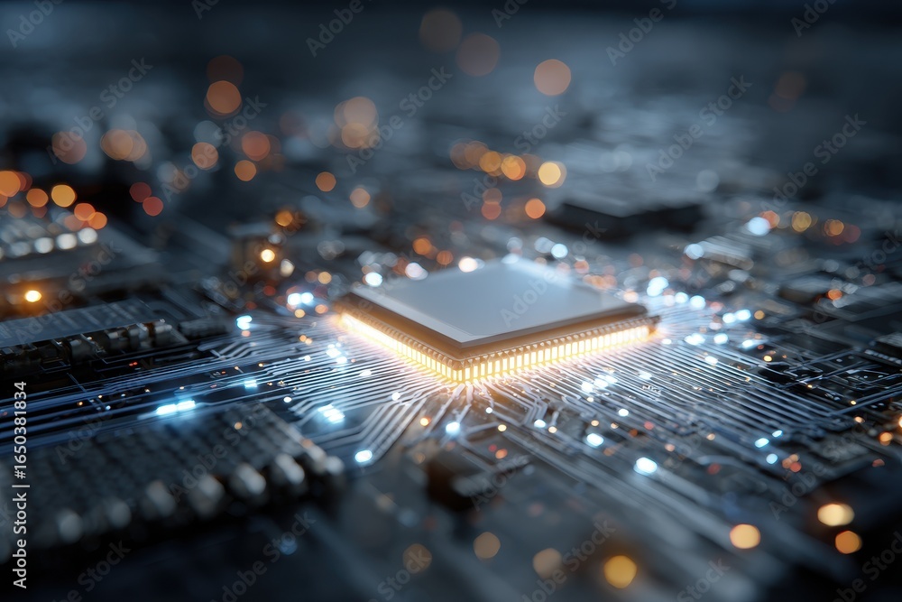 Poster futuristic microchip illuminated on a detailed circuit board showcasing advanced technology in a mod
