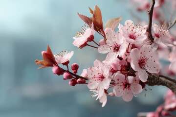 Beautiful spring cherry blossom branch with soft background blur, showcasing delicate pink flowers and fresh green leaves in a tranquil seasonal setting