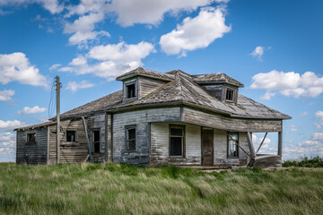 Blue sky over an old, abandoned home on the prairies south of Cabri, Saskatchewan
