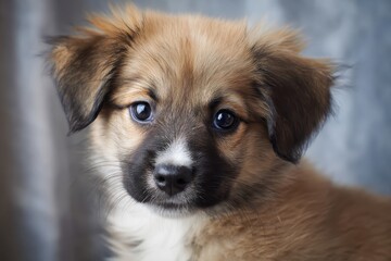 Mixed breed puppy with bright eyes and fluffy fur captured in a cozy indoor setting during soft afternoon light