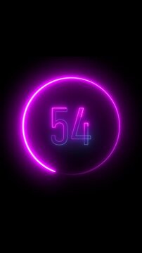 Dynamic glowing neon number 54 inside illuminated circle vertical video. Glowing neon number fifty four within a violet illuminated circle on black background. Neon number 54 glowing inside circular.
