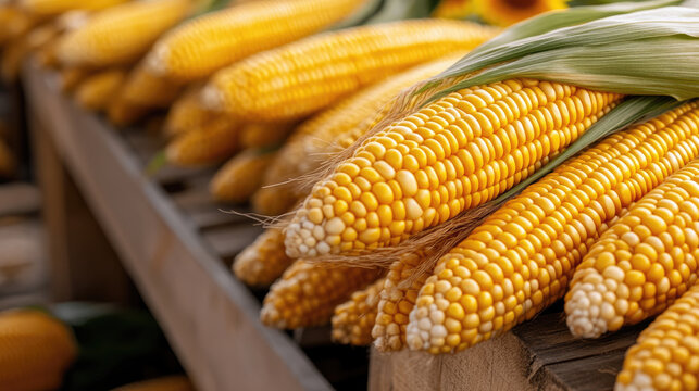 Ripe corn cobs stacked together, revealing golden kernels and green husks, representing agricultural abundance and post-harvest productivity