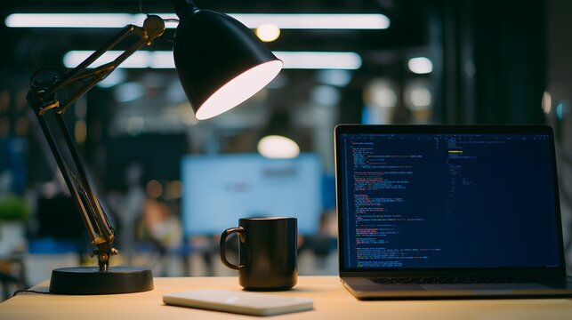 A developer's workstation with an empty notebook and coffee mug under soft desk lamp lighting.