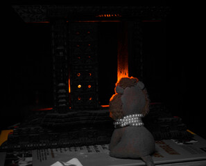 Toy Lion Facing a Lit Shrine
